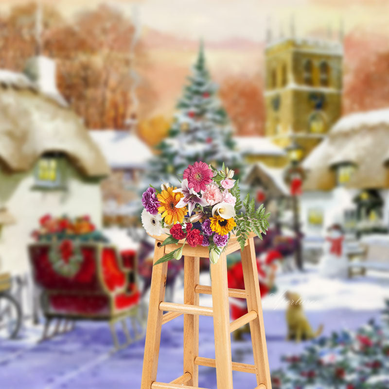 Aperturee - Snowy Town Santa Claus Dog Merry Christmas Backdrop