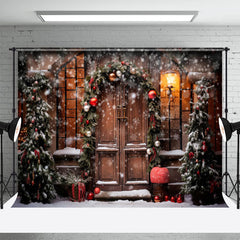 Aperturee - Snowy Wooden Door Light Winter Christmas Backdrop