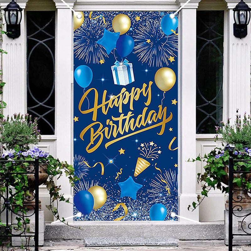 Aperturee - Sparkle Gold Blue Balloons Happy Birthday Door Cover