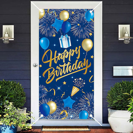 Aperturee - Sparkle Gold Blue Balloons Happy Birthday Door Cover