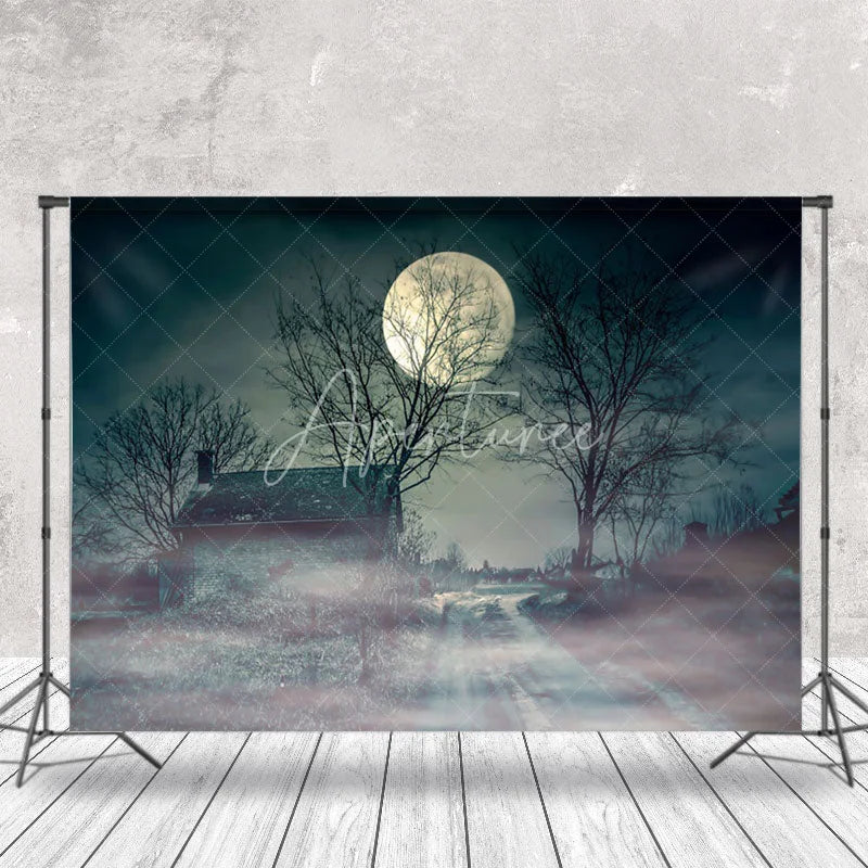 Aperturee - Spooky Village Moon At Night Halloween Backdrop