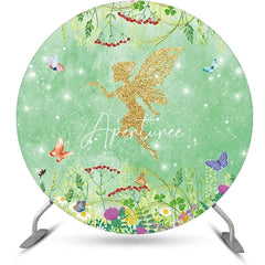 Aperturee - Spring Green Floral Gold Elf Round Birthday Backdrop