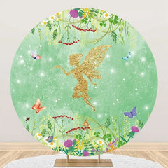 Aperturee - Spring Green Floral Gold Elf Round Birthday Backdrop