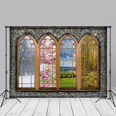 Aperturee - Stone Wall Four Season Window Backdrop For Photography