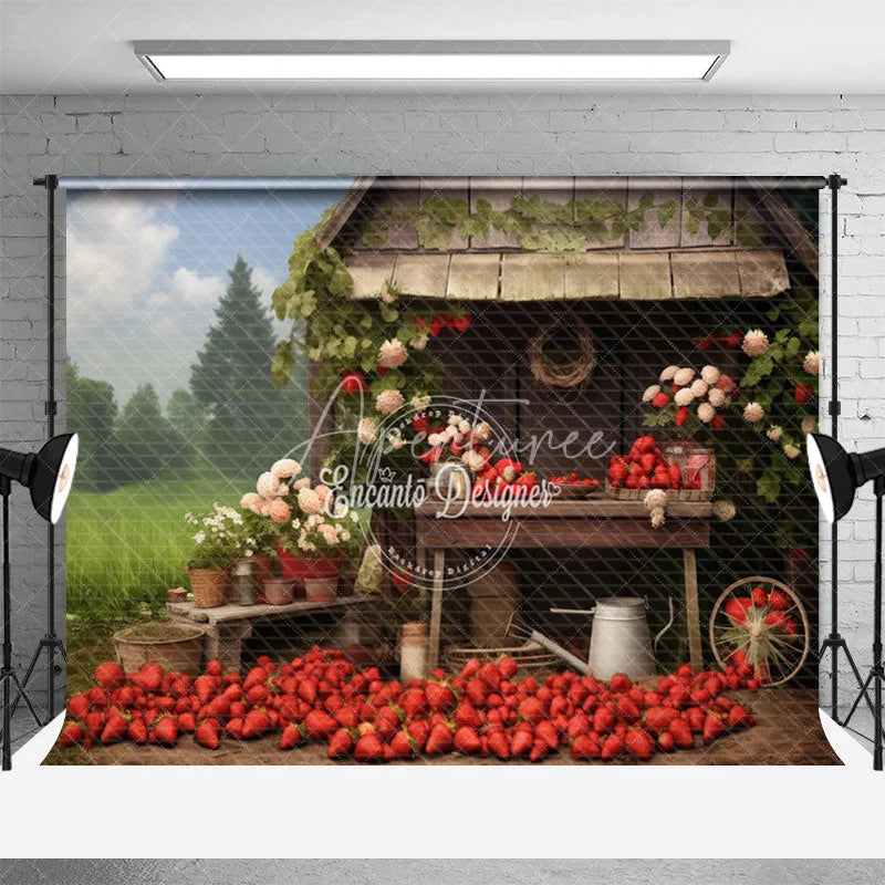 Aperturee - Strawberry Blue Sky Grass Farm Wooden House Backdrop