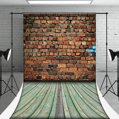 Aperturee - Street Red Brick Wall Cyan Wood Photo Sweep Backdrop