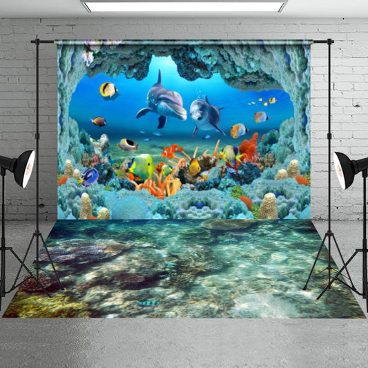 Aperturee - Summer Blue Whale Fish Backdrop+Coral Reef Floor Backdrop