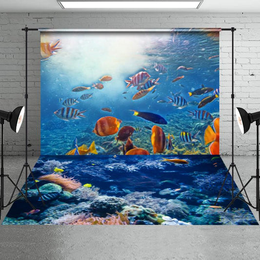 Aperturee - Summer Colorful Fish Backdrop+Ocean Coral Floor Mat