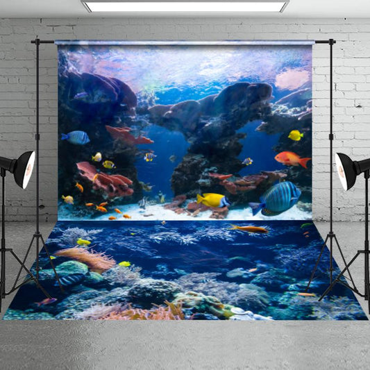 Aperturee - Summer Ocean Landscape Backdrop+Blue Ocean Reef Floor Mat