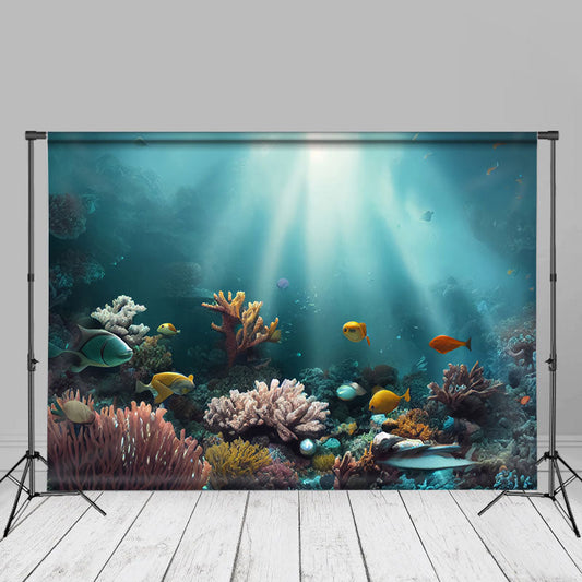 Aperturee - Summer Undersea Landscape Backdrop+Underwater Coral Floor Mat