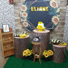 Aperturee - Sunflorals And Gold Stripes Round Black Birthday Backdrop