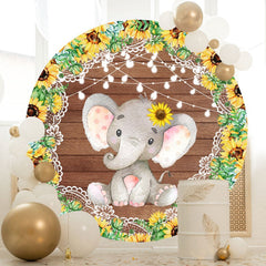 Aperturee - Sunflower And Elephant Round Wood Birthday Backdrop