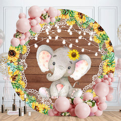 Aperturee - Sunflower And Elephant Round Wood Birthday Backdrop