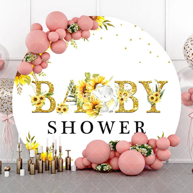 Aperturee - Sunflower Elephant White Round Baby Shower Backdrop