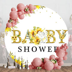 Aperturee - Sunflower Elephant White Round Baby Shower Backdrop