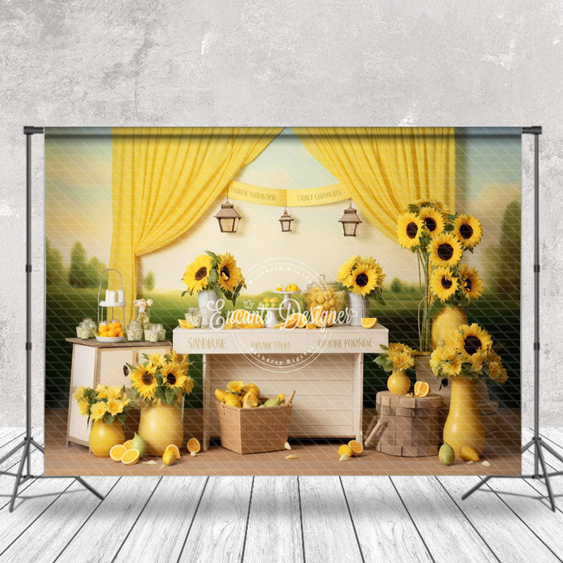 Aperturee - Sunflower Vases Lemon Yellow Curtain Photo Backdrop