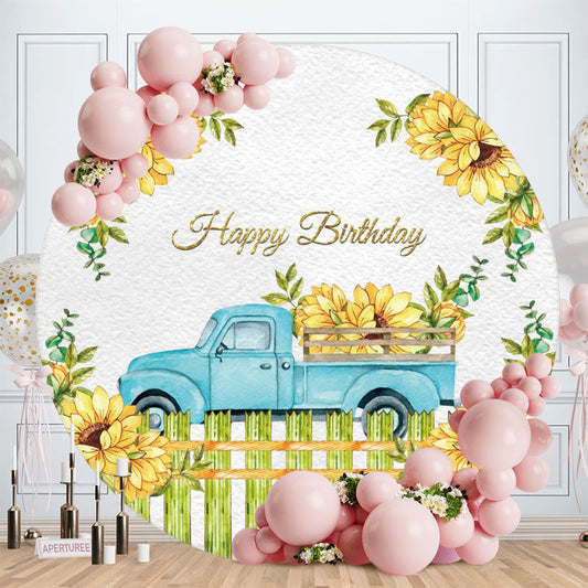 Aperturee - Sunflowers And Blue Truck Round Happy Birthday Backdrop