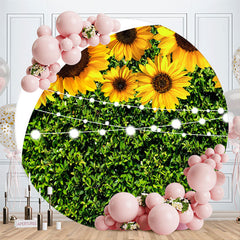Aperturee - Sunflowers And Green Leaves Round Birthday Backdrop