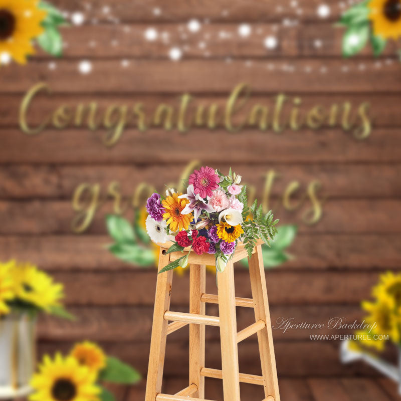 Aperturee - Sunflowers Brown Wood Graduation Photography Backdrop