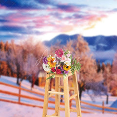 Aperturee - Sunset Snowy Tree House Winter Photography Backdrop