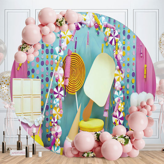 Aperturee - Sweet Candy And Ice Cream Round Birthday Party Backdrop