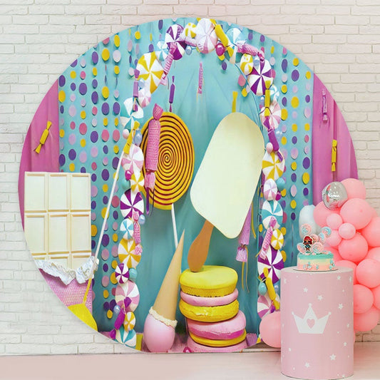 Aperturee - Sweet Candy And Ice Cream Round Birthday Party Backdrop