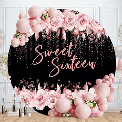 Aperturee - Sweet Sixteen Rose Black Round 16 Birthday Backdrop
