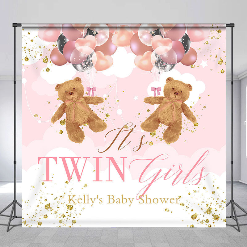 Aperturee - Pink Teddy Bear Custom Twins Baby Shower Backdrop