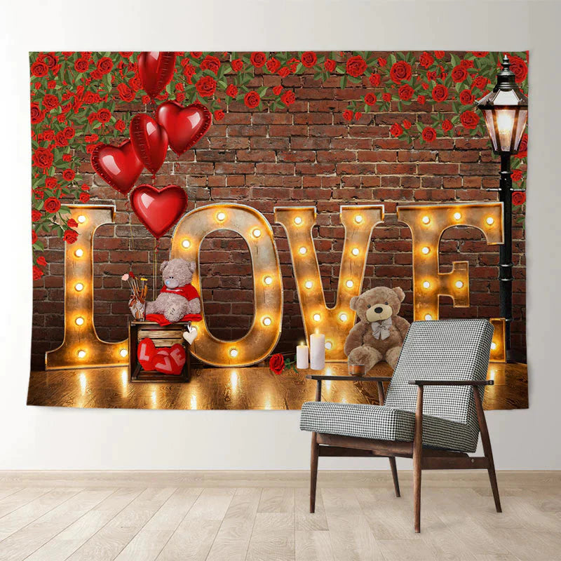 Aperturee - Teddy Love Light Rose Wall Valentines Day Backdrop