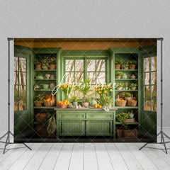 Aperturee - Green Shelf Yellow Egg Floral Window Easter Backdrop