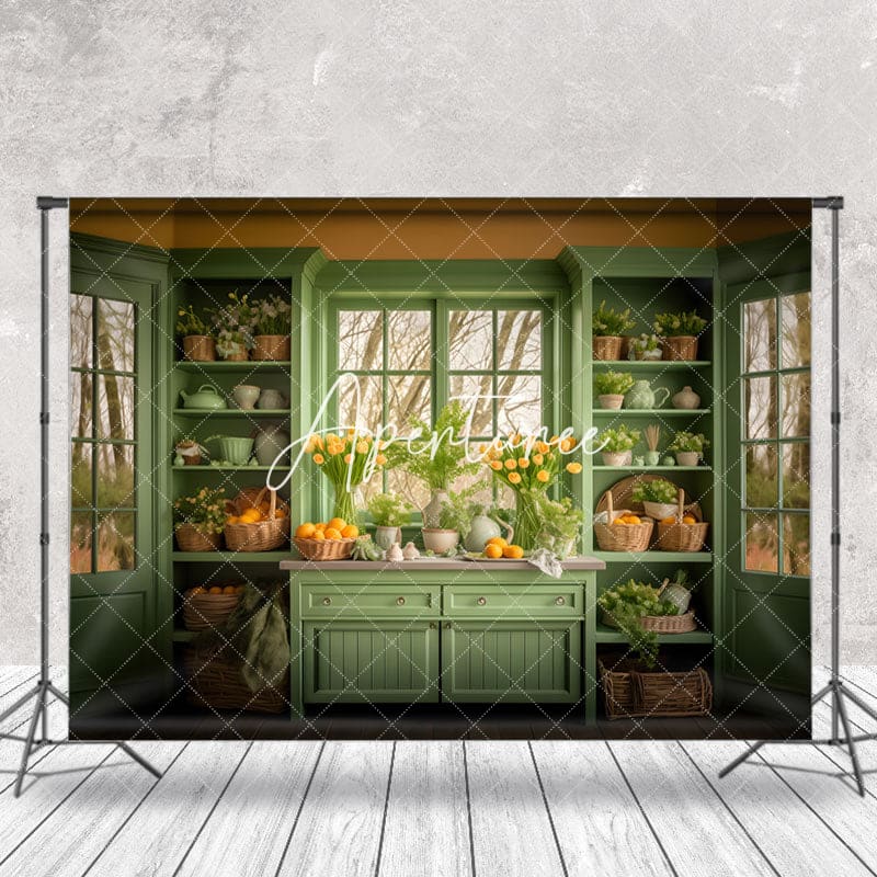 Aperturee - Green Shelf Yellow Egg Floral Window Easter Backdrop