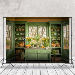 Aperturee - Green Shelf Yellow Egg Floral Window Easter Backdrop