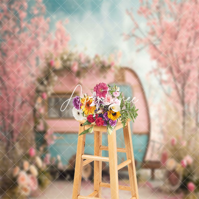 Aperturee - Vintage Pink Blue RV Peach Flower Spring Backdrop