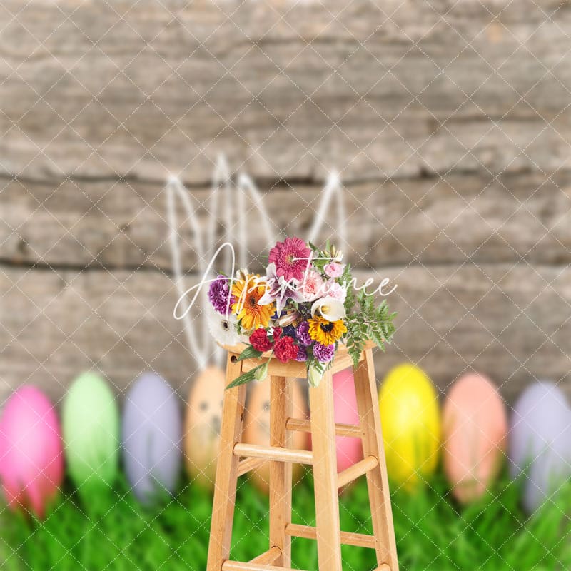 Aperturee - Wood Wall Green Grass Eggs Easter Backdrop For Photo