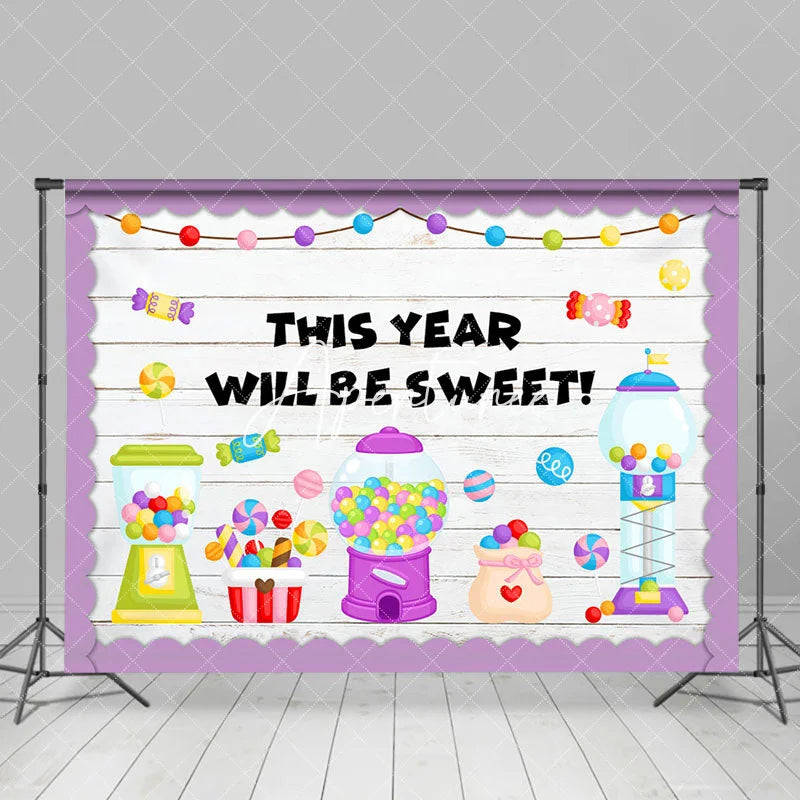 Aperturee - This Year Will Be Sweet Candy Purple Wooden Backdrop
