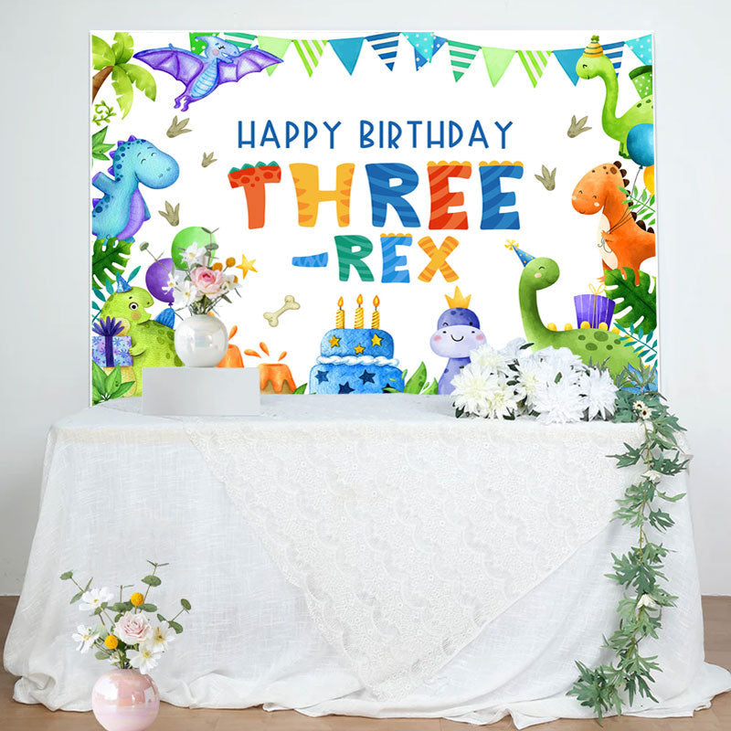 Aperturee - Three Rex Cartoon Dinosaur Boy 3rd Birthday Backdrop