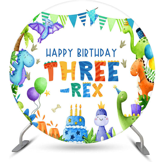 Aperturee - Three Rex Cute Dinosaurs Round Birthday Backdrop