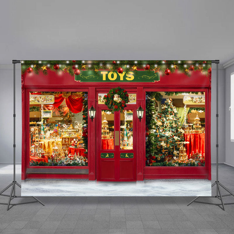 Aperturee - Toy Store Red Door Wreath Light Christmas Backdrop