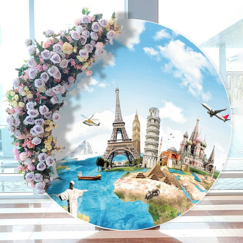Aperturee - Travel Around The World Plane Round Birthday Backdrop
