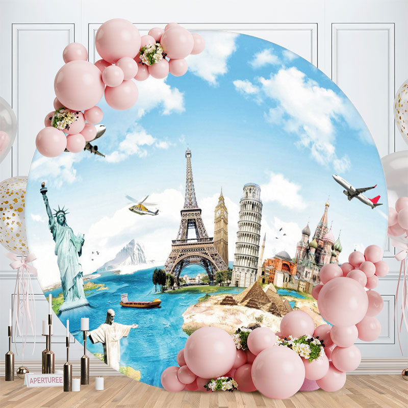 Aperturee - Travel Around The World Plane Round Birthday Backdrop