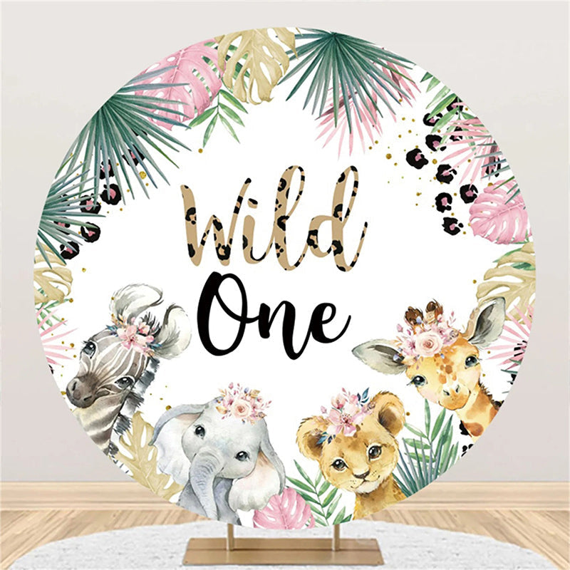 Aperturee - Tropical Leaves Animals Round 1st Birthday Backdrop