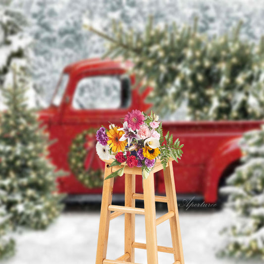 Aperturee - Truck Christmas Tree Snowy Forest Photo Backdrop