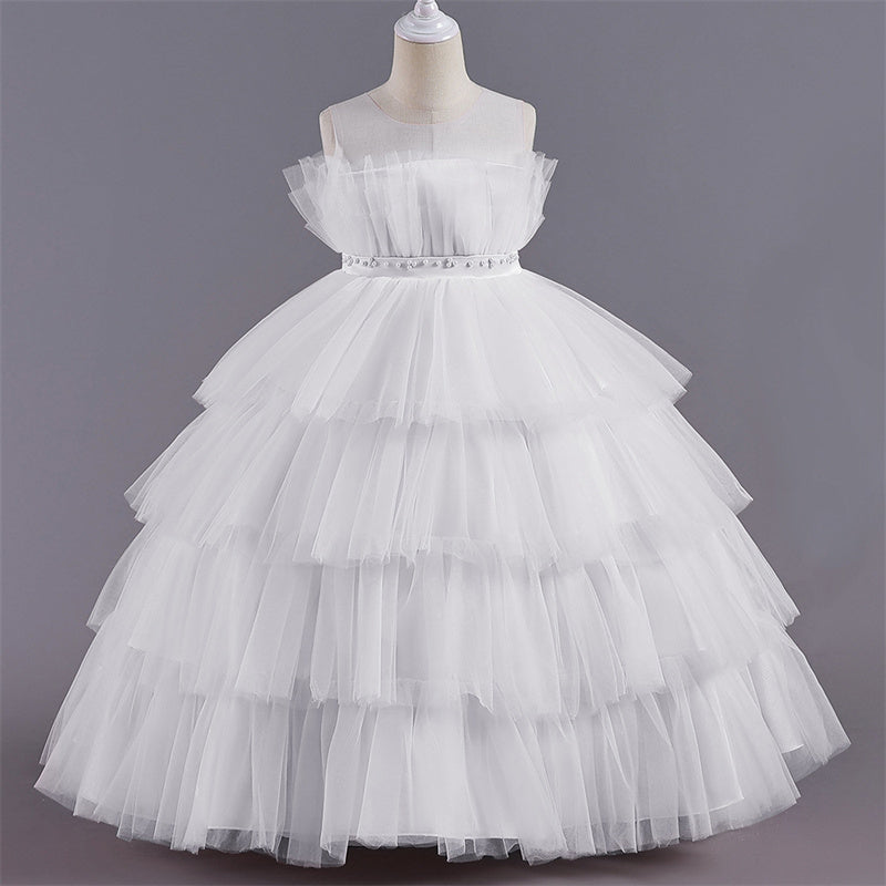 Aperturee - Tulle Princess Ruffles Lace Tiered Party Kids Dress