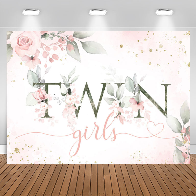 Aperturee - Twin Girls Pink Floral Glitter Baby Shower Backdrop