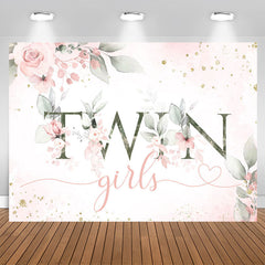 Aperturee - Twin Girls Pink Floral Glitter Baby Shower Backdrop