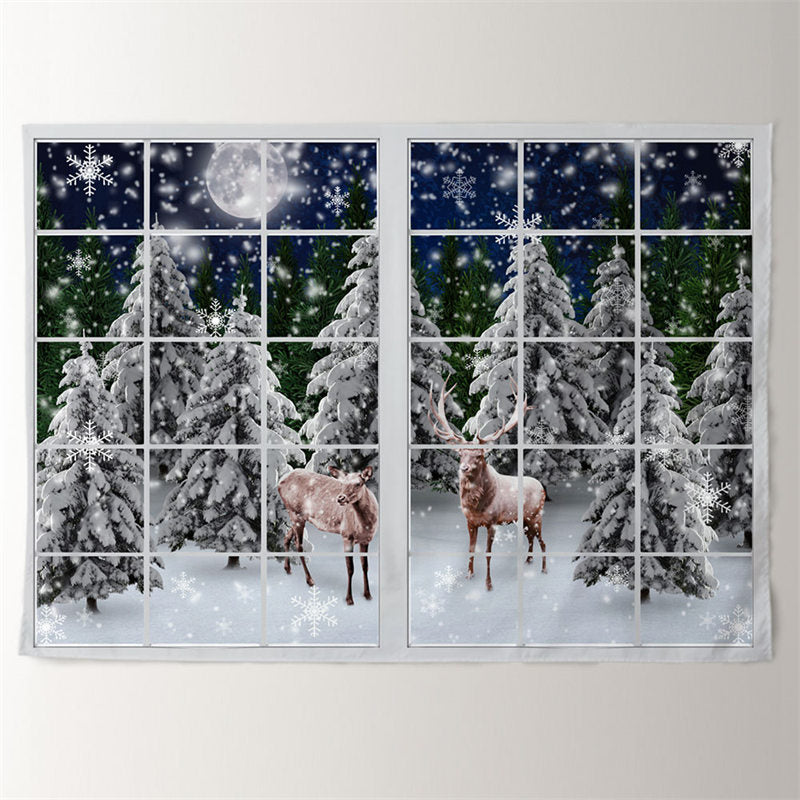 Aperturee - Two Deer Snow Forest Moon Night Christmas Backdrop