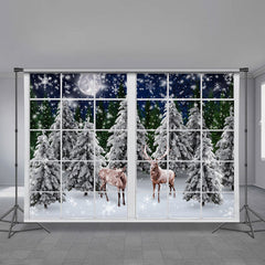 Aperturee - Two Deer Snow Forest Moon Night Christmas Backdrop