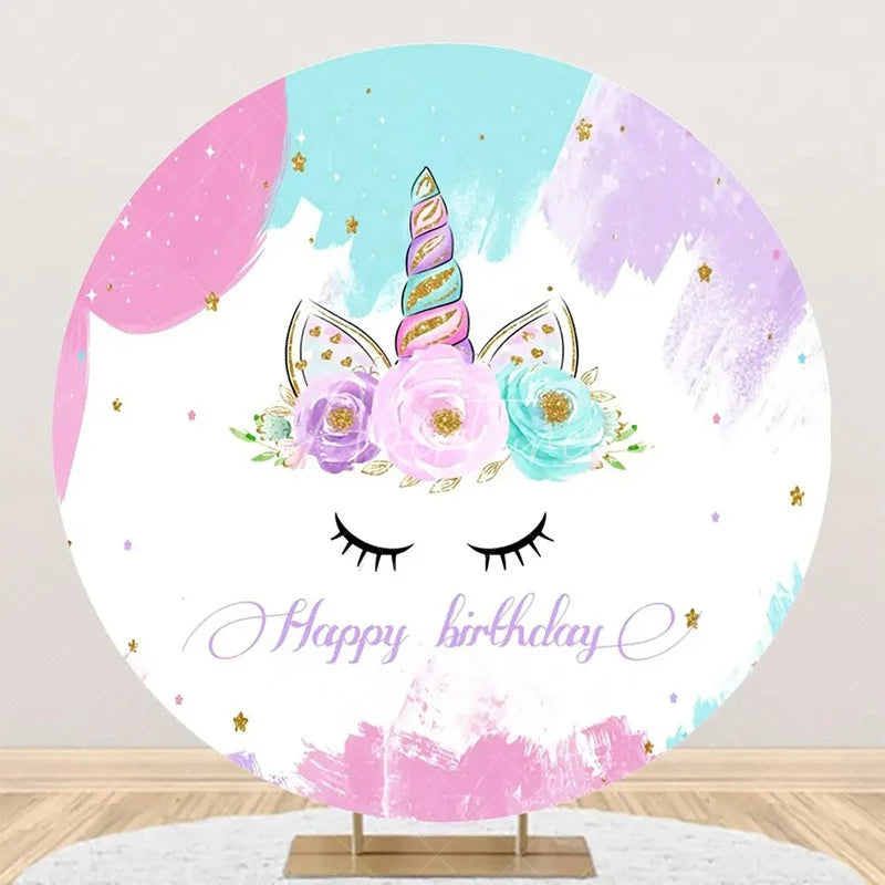 Aperturee - Unicorn Floral Oil Painting Round Birthday Backdrop