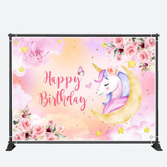 Aperturee - Unicorn Pink Floral Butterfly Girl Birthday Backdrop