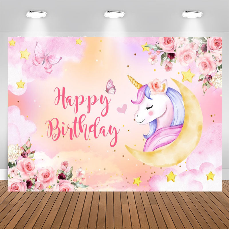 Aperturee - Unicorn Pink Floral Butterfly Girl Birthday Backdrop